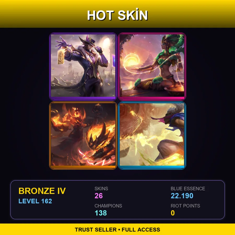 LAN | Lv162 | Bronze IV | 26 Skin | 138 Champ — LoL account