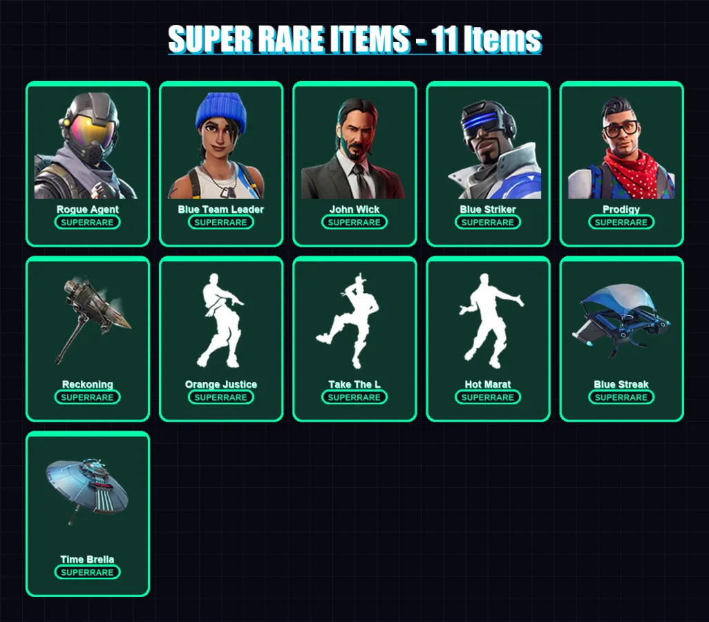 [PS4/PS5/XBOX/PC] | Rogue Agent | Blue Team Leader | John Wick | Blue Striker | Prodigy | 177 skin | 153 pickaxe | 151 emote | 108 glider | Lv1184