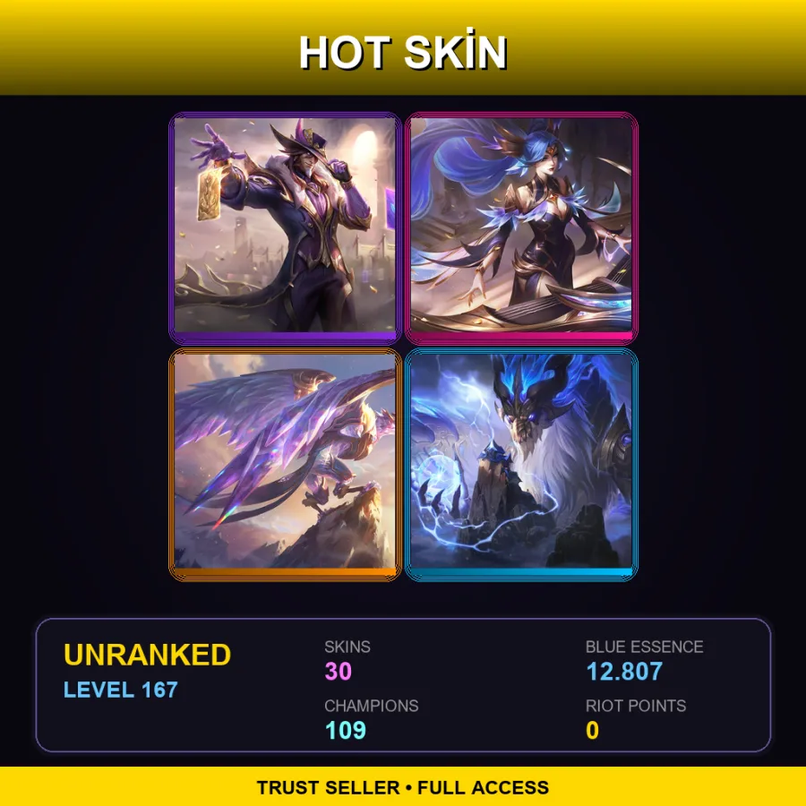 LAN | Lv167 | Unranked | 30 Skin | 109 Champ — LoL account