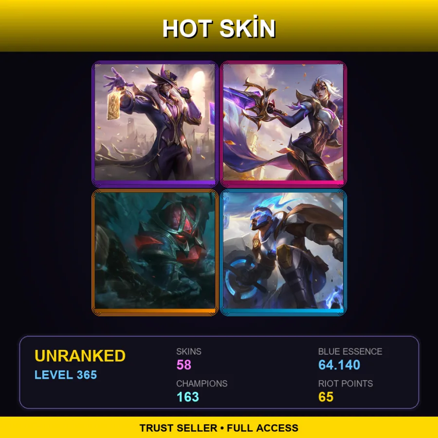 LAN | Lv365 | Unranked | 58 Skin | 163 Champ — LoL account