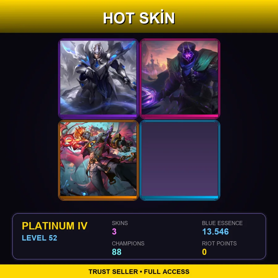 EUW | Lv52 | Platinum IV | 3 Skin | 88 Champ — LoL account