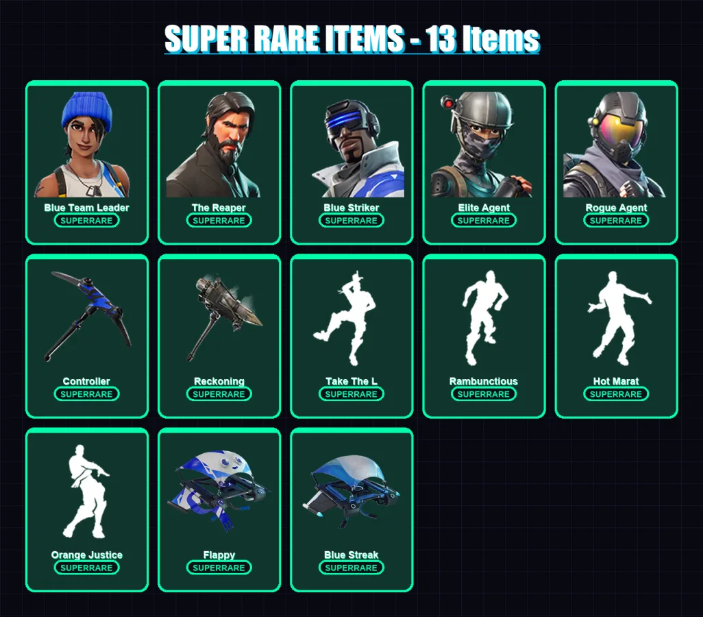 [PC] | Blue Team Leader | The Reaper | Blue Striker | Elite Agent | Rogue Agent | 69 skin | 97 pickaxe | 82 emote | 100 glider | Lv1606