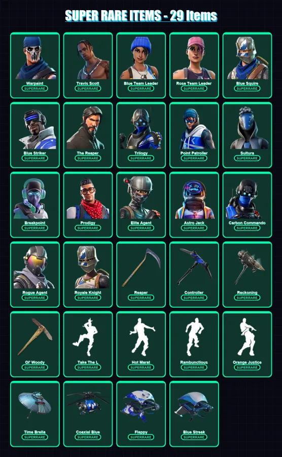 [PC/XBOX] | Warpaint | Travis Scott | Blue Team Leader | Rose Team Leader | Blue Squire | 163 skin | 125 pickaxe | 177 emote | 130 glider | Lv1628