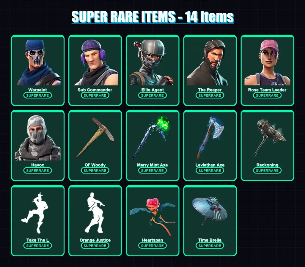 [PC/XBOX] | Warpaint | Sub Commander | Elite Agent | The Reaper | Rose Team Leader | 188 skin | 198 pickaxe | 157 emote | 173 glider | Lv2367