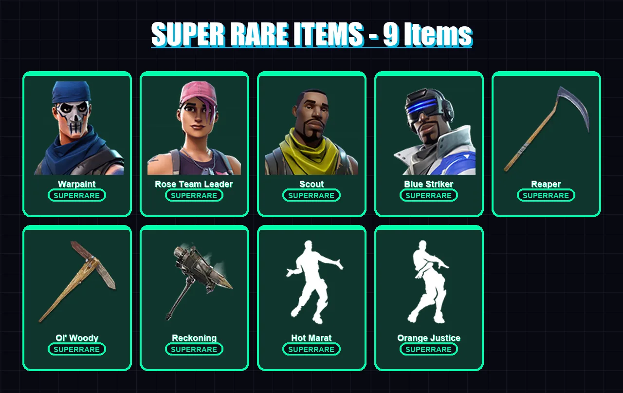 [PS4/PS5/XBOX/PC] | Warpaint | Rose Team Leader | Scout | Blue Striker | Dark Vanguard | 47 skin | 44 pickaxe | 52 emote | 47 glider | Lv620