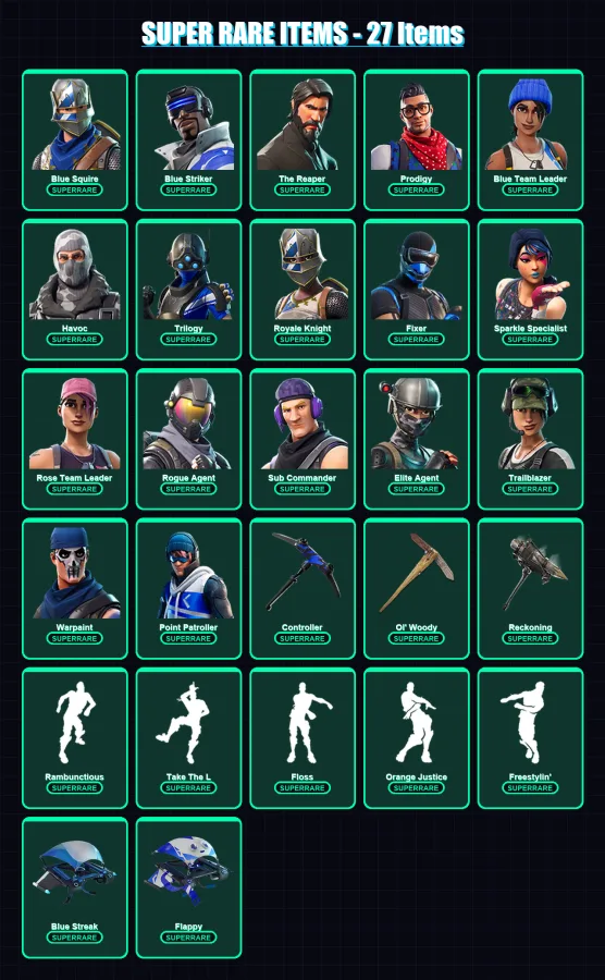 [PS4/PS5/XBOX/PC] | Blue Squire | Blue Striker | The Reaper | Prodigy | Blue Team Leader | 104 skin | 67 pickaxe | 78 emote | 72 glider | Lv940