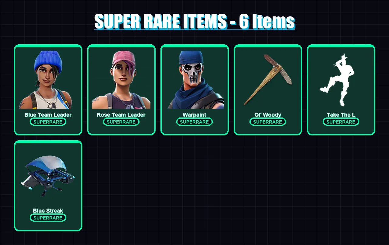 [PC/XBOX] | Blue Team Leader | Rose Team Leader | Warpaint | Rex | Leonardo | 8 skin | 11 pickaxe | 5 emote | 11 glider | Lv96