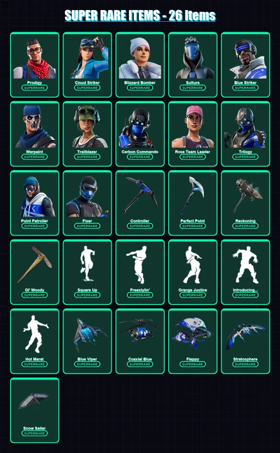 [PC/XBOX] | Prodigy | Cloud Striker | Blizzard Bomber | Sultura | Blue Striker | 129 skin | 107 pickaxe | 93 emote | 86 glider | Lv917