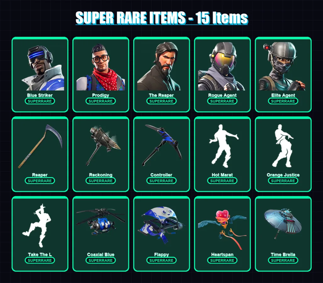 [PS4/PS5/XBOX/PC] | Blue Striker | Prodigy | The Reaper | Rogue Agent | Elite Agent | 81 skin | 84 pickaxe | 86 emote | 88 glider | Lv1433 — Fortnite account