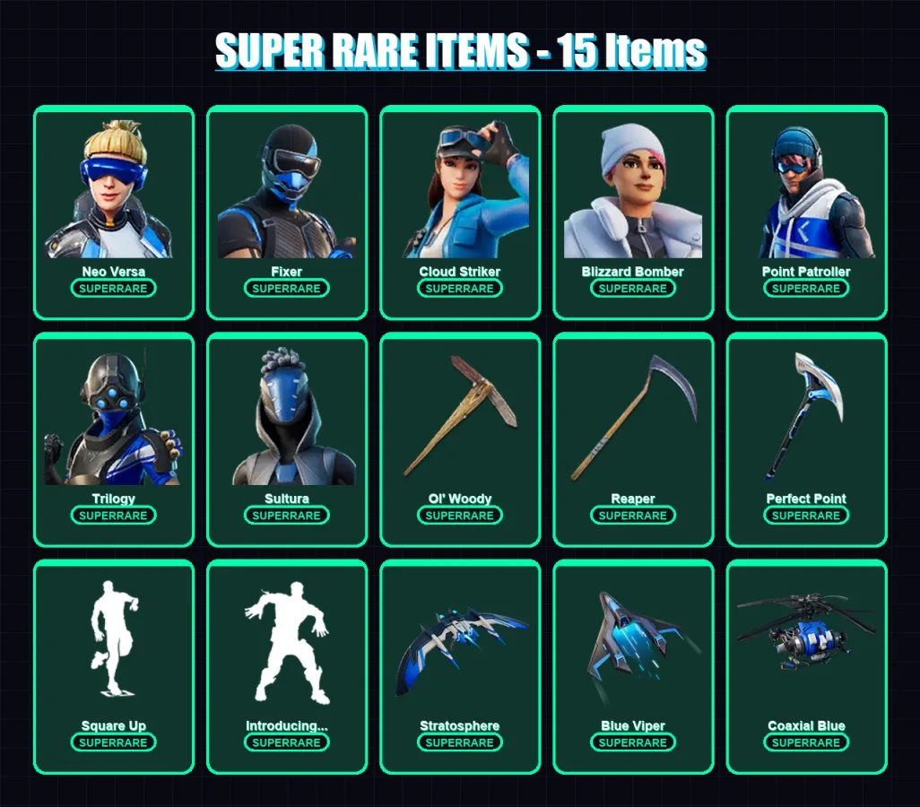 [PC/XBOX] | Neo Versa | Fixer | Cloud Striker | Blizzard Bomber | Point Patroller | 48 skin | 66 pickaxe | 72 emote | 65 glider | Lv789 — Fortnite account