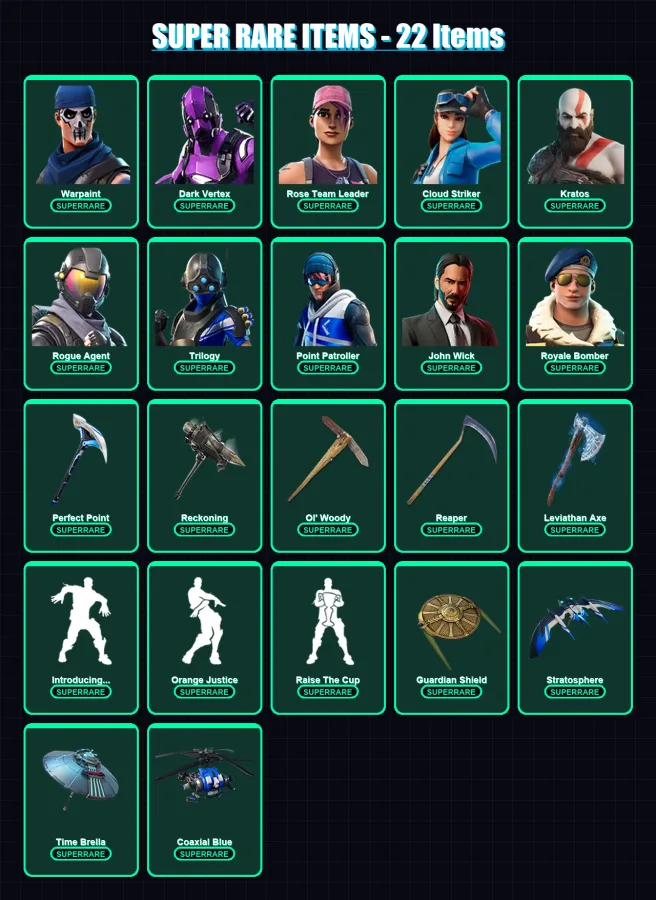 [PC] | Warpaint | Dark Vertex | Rose Team Leader | Cloud Striker | Kratos | 501 skin | 411 pickaxe | 325 emote | 253 glider | Lv3167 — Fortnite account