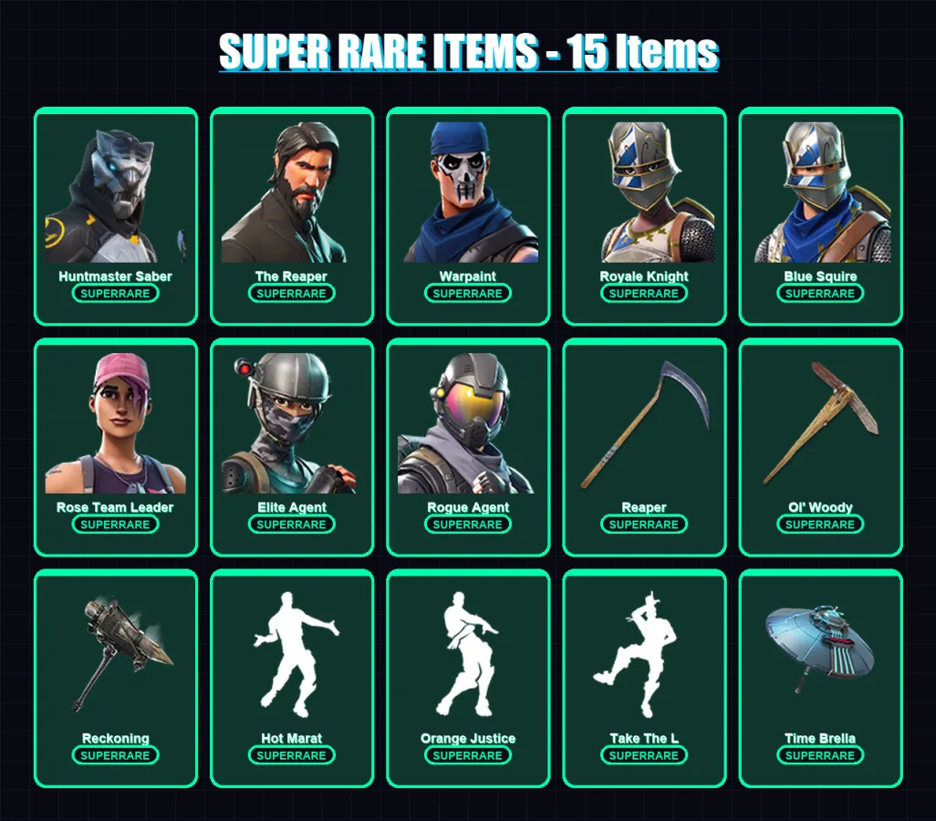 [PC/XBOX/PSN] | Huntmaster Saber | The Reaper | Warpaint | Royale Knight | Blue Squire | 66 skin | 52 pickaxe | 78 emote | 66 glider | Lv930