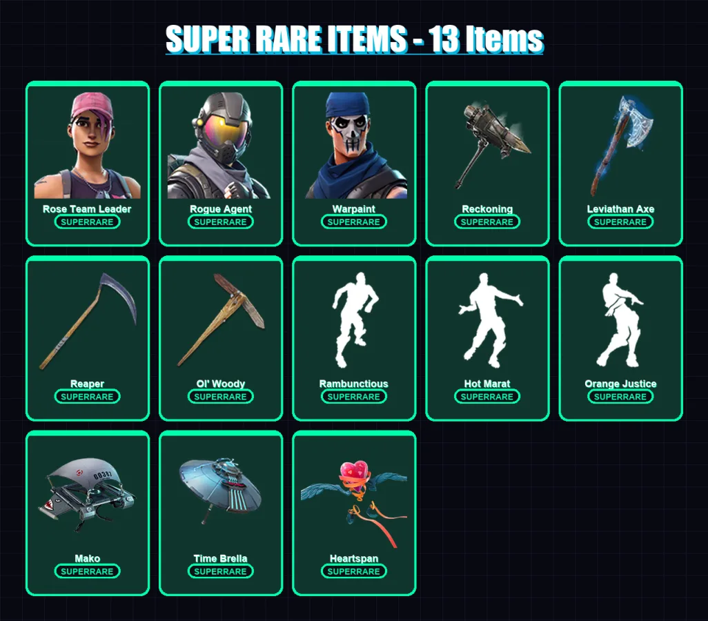 [PC/PSN] | Rose Team Leader | Rogue Agent | Warpaint | Ultima Knight | Menace | 290 skin | 259 pickaxe | 204 emote | 203 glider | Lv3234
