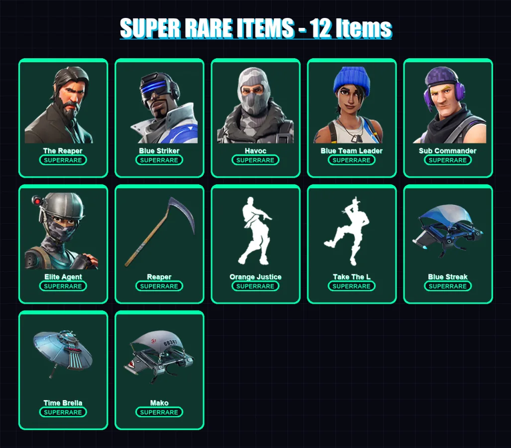 [PC/XBOX/PSN] | The Reaper | Blue Striker | Havoc | Blue Team Leader | Sub Commander | 39 skin | 30 pickaxe | 34 emote | 40 glider | Lv580