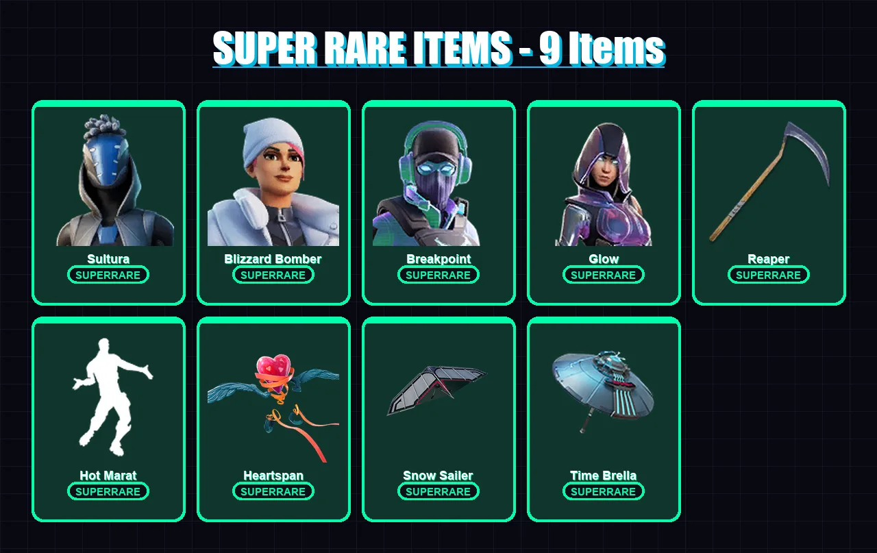 [PS4/PS5/XBOX/PC] | Sultura | Blizzard Bomber | Breakpoint | Glow | Blackheart | 115 skin | 110 pickaxe | 90 emote | 102 glider | Lv1315