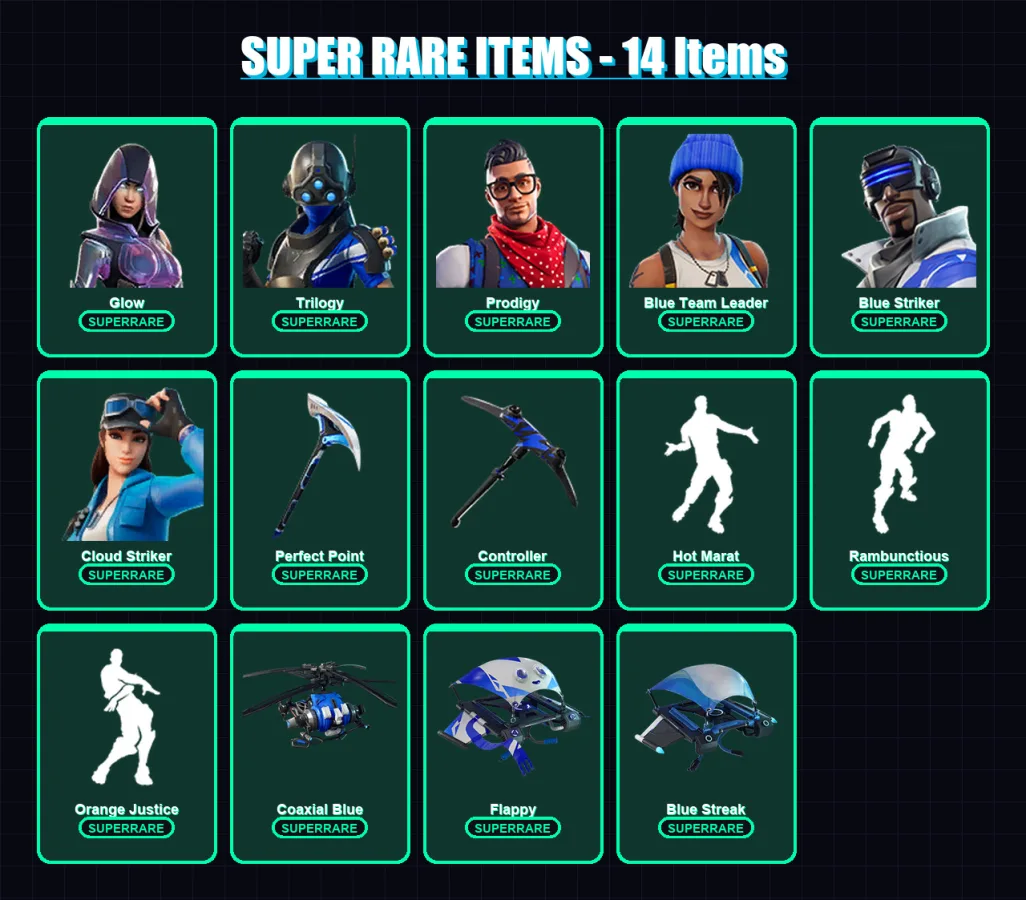 [PS4/PS5/XBOX/PC] | Glow | Trilogy | Prodigy | Blue Team Leader | Blue Striker | 34 skin | 65 pickaxe | 49 emote | 53 glider | Lv582