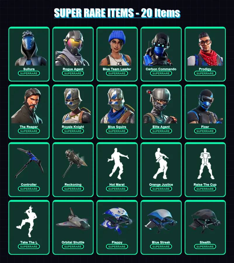 [PS4/PS5/XBOX/PC] | Sultura | Rogue Agent | Blue Team Leader | Carbon Commando | Prodigy | 73 skin | 62 pickaxe | 99 emote | 72 glider | Lv1149