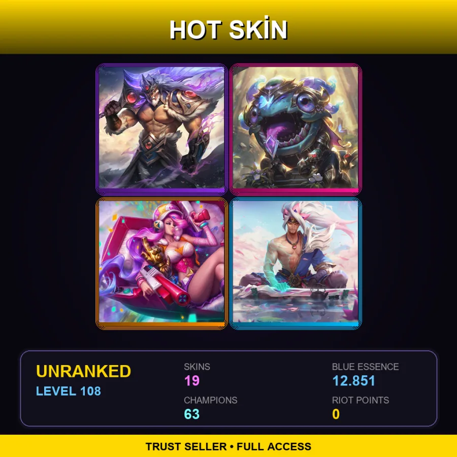 NA | Lv108 | Unranked | 19 Skin | 63 Champ — LoL account