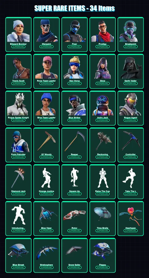 [PS4/PS5/XBOX/PC] | Blizzard Bomber | Warpaint | Fixer | Prodigy | Breakpoint | 410 skin | 363 pickaxe | 297 emote | 245 glider | Lv2732