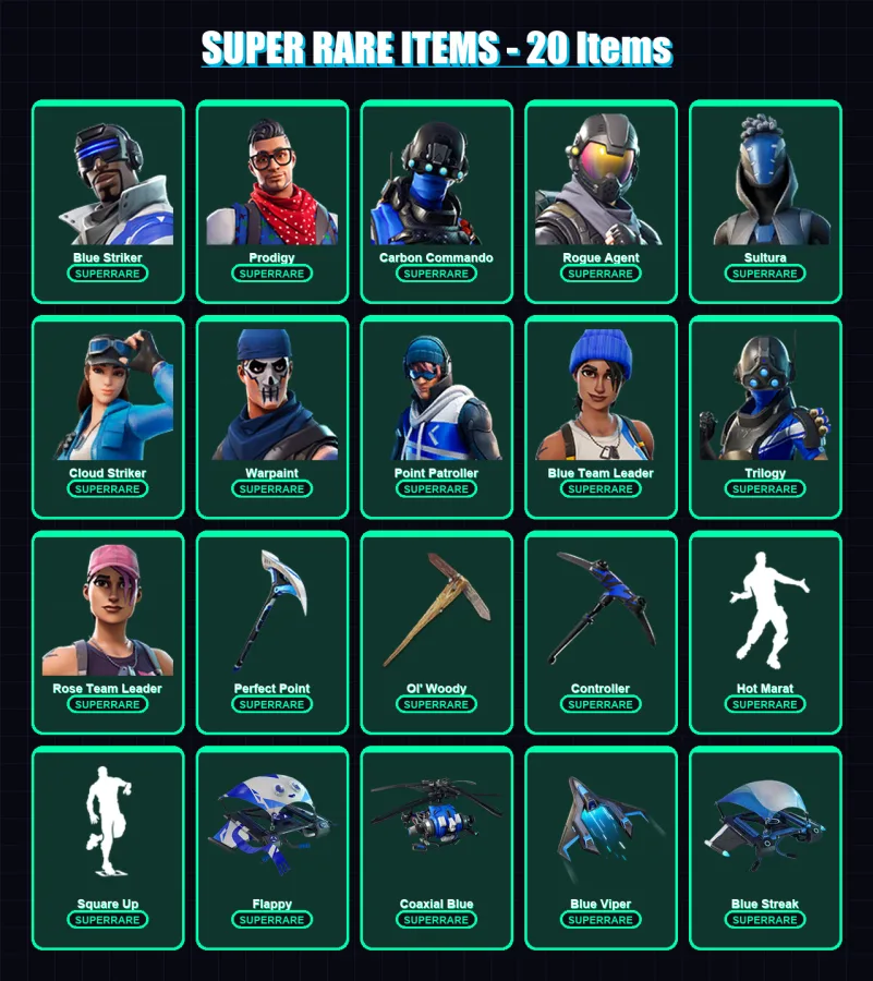 [PS4/PS5/XBOX/PC] | Blue Striker | Prodigy | Carbon Commando | Rogue Agent | Sultura | 22 skin | 18 pickaxe | 35 emote | 25 glider | Lv198