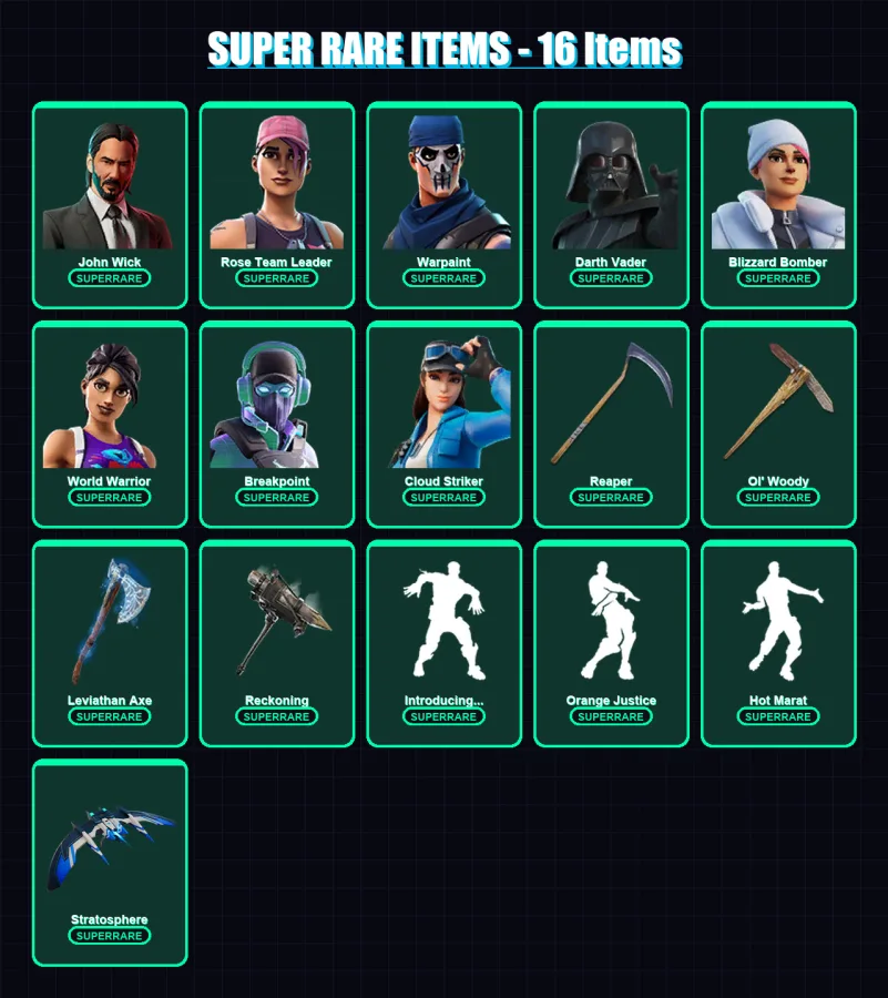 [PC/XBOX] | John Wick | Rose Team Leader | Warpaint | Darth Vader | Blizzard Bomber | 185 skin | 163 pickaxe | 183 emote | 143 glider | Lv1679