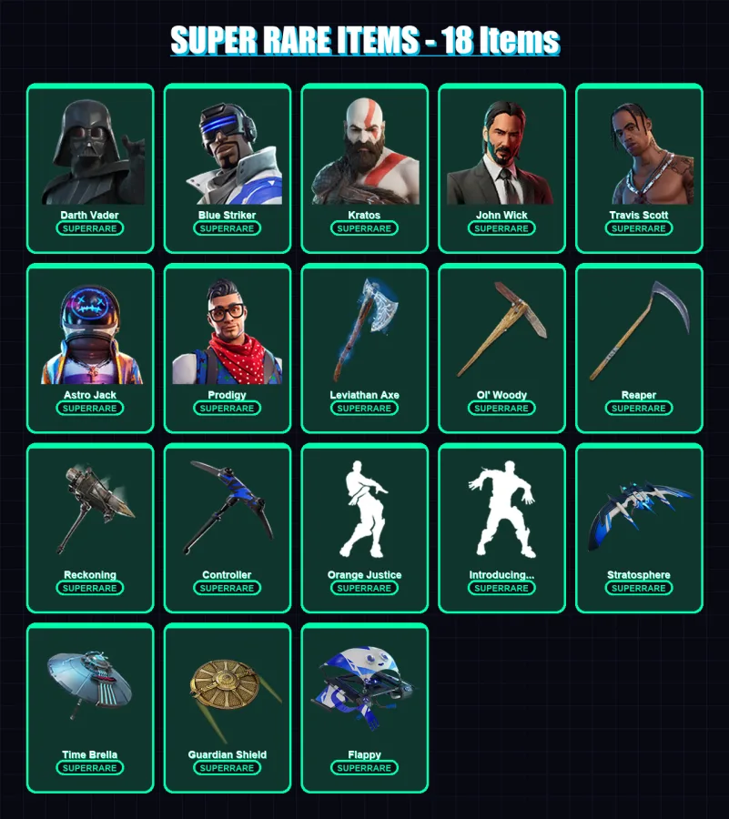 [PS4/PS5/XBOX/PC] | Darth Vader | Blue Striker | Kratos | John Wick | Travis Scott | 154 skin | 148 pickaxe | 120 emote | 111 glider | Lv1232