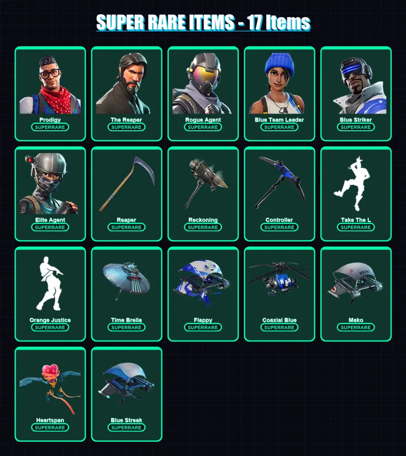 [PS4/PS5/XBOX/PC] | Prodigy | The Reaper | Rogue Agent | Blue Team Leader | Blue Striker | 76 skin | 55 pickaxe | 67 emote | 67 glider | Lv984