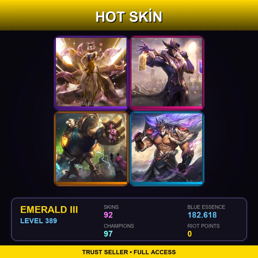 LAS | Lv389 | Emerald III | 92 Skin | 97 Champ — LoL account