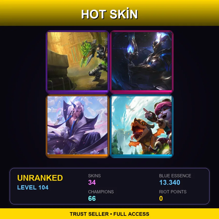 LAN | Lv104 | Unranked | 34 Skin | 66 Champ — LoL account