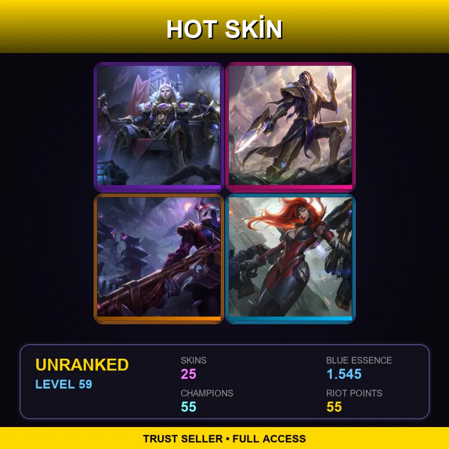 SG | Victorious Sejuani | Victorious Lucian | Blood Moon Jhin | Gun Goddess Miss Fortune | 25 Skin | 55 Champ | Lv59