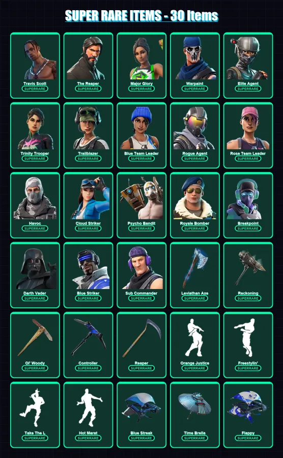 [PS4/PS5/XBOX/PC] | Travis Scott | The Reaper | Major Glory | Warpaint | Elite Agent | 268 skin | 229 pickaxe | 129 emote | 161 glider | Lv2587
