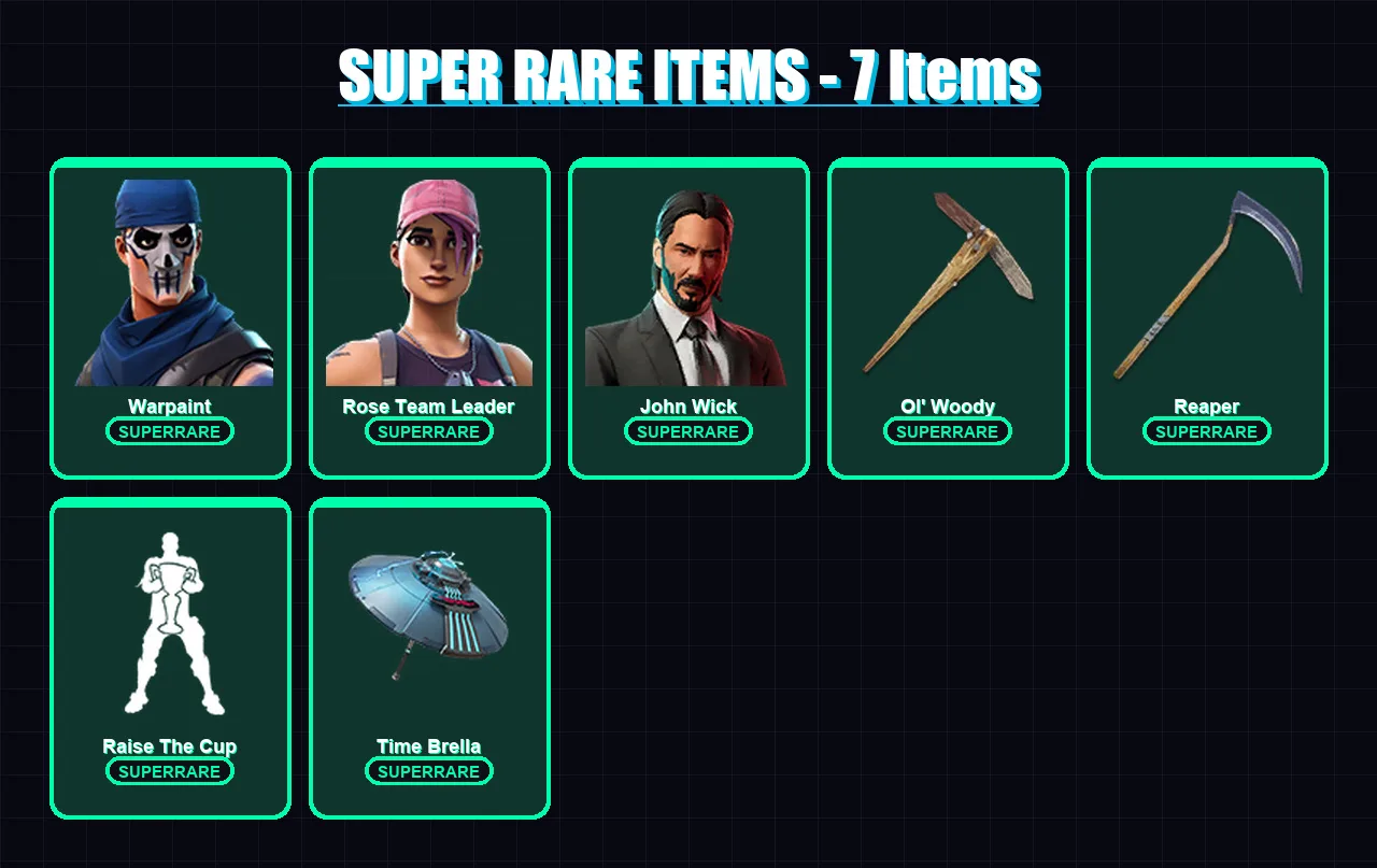 [PC] | Warpaint | Rose Team Leader | John Wick | Deadpool | Spire Assassin | 112 skin | 126 pickaxe | 82 emote | 102 glider | Lv1796 — Fortnite account