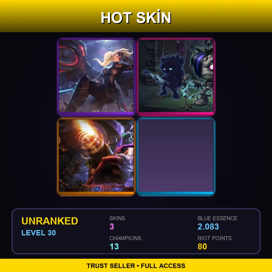 TR | Riot Kayle | Emumu | Crime City Jinx | 3 Skin | 13 Champ | Lv30