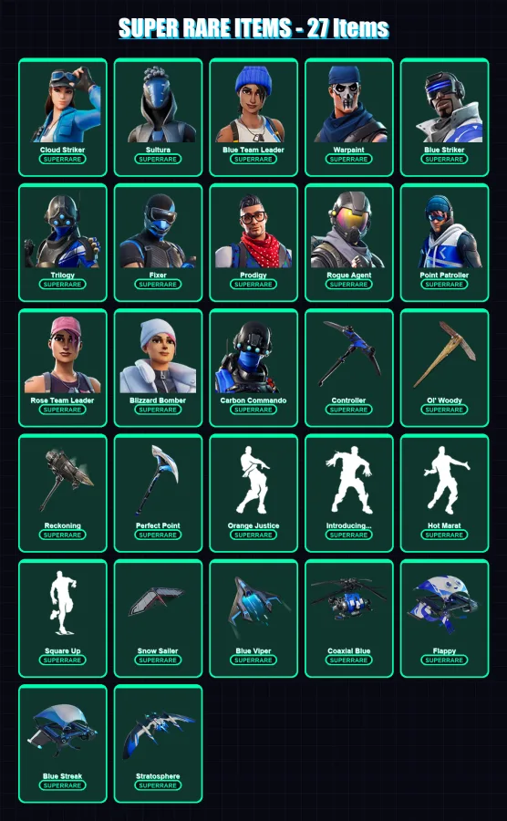 [PS4/PS5/XBOX/PC] | Cloud Striker | Sultura | Blue Team Leader | Warpaint | Blue Striker | 85 skin | 104 pickaxe | 103 emote | 104 glider | Lv1265