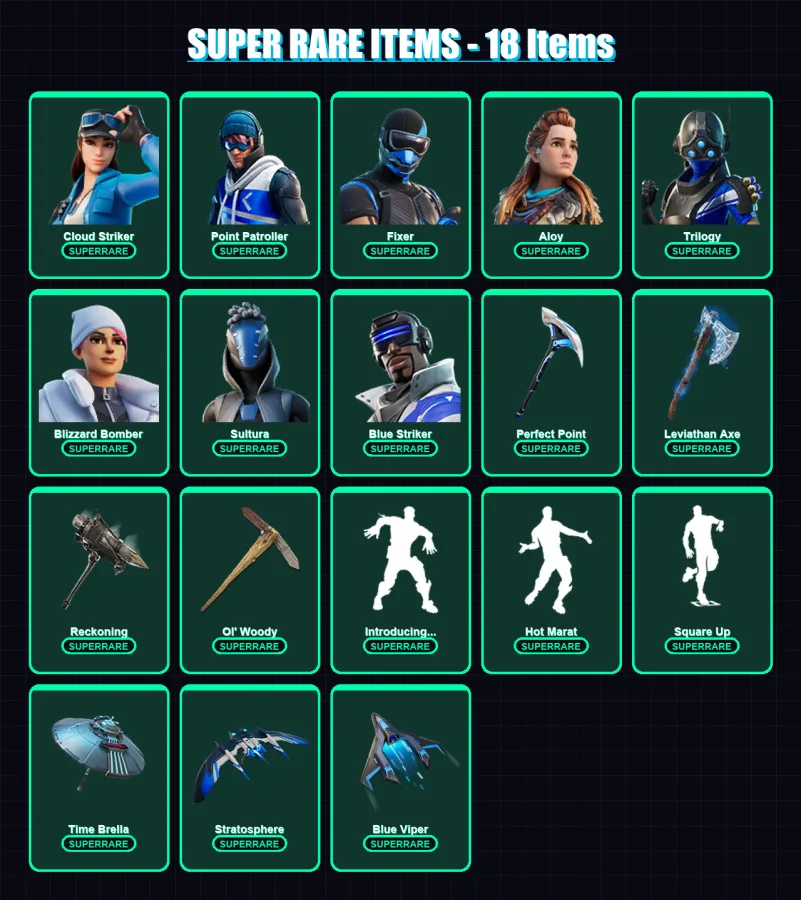 [PS4/PS5/XBOX/PC] | Cloud Striker | Point Patroller | Fixer | Aloy | Trilogy | 184 skin | 173 pickaxe | 105 emote | 135 glider | Lv1912