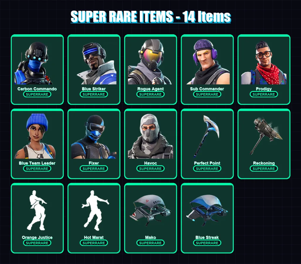 [PS4/PS5/XBOX/PC] | Carbon Commando | Blue Striker | Rogue Agent | Sub Commander | Prodigy | 41 skin | 29 pickaxe | 48 emote | 41 glider | Lv581