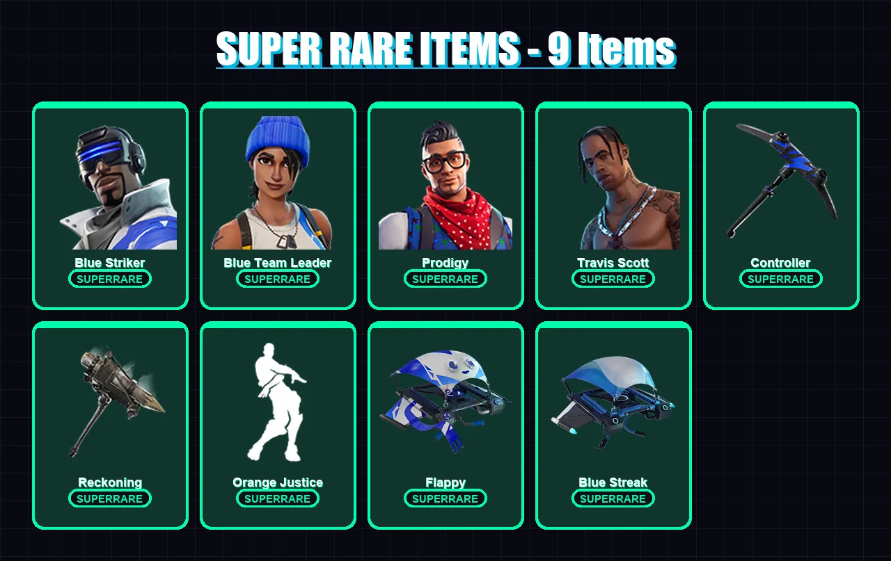 [PS4/PS5/XBOX/PC] | Blue Striker | Blue Team Leader | Prodigy | Travis Scott | Sentinel | 41 skin | 31 pickaxe | 38 emote | 36 glider | Lv434