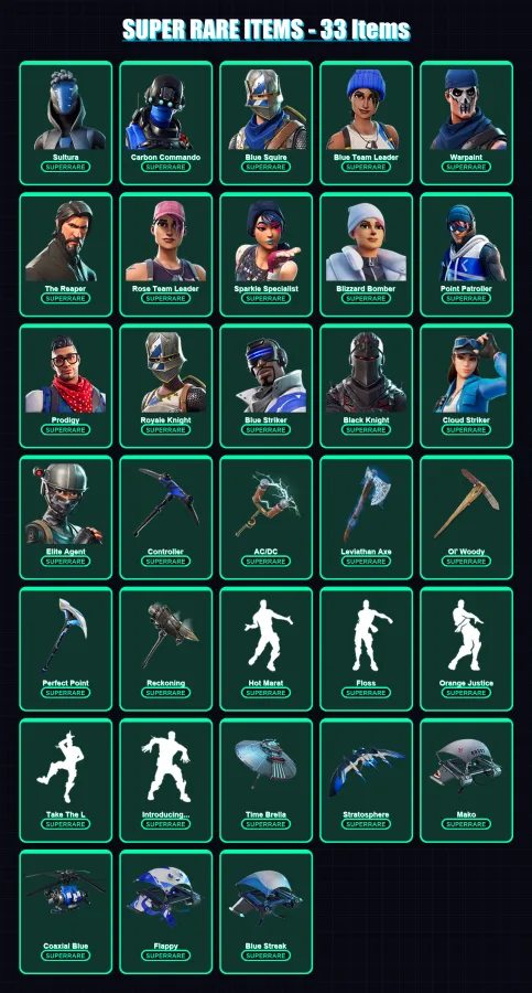 [PS4/PS5/XBOX/PC] | Sultura | Carbon Commando | Blue Squire | Blue Team Leader | Warpaint | 280 skin | 281 pickaxe | 199 emote | 246 glider | Lv3862