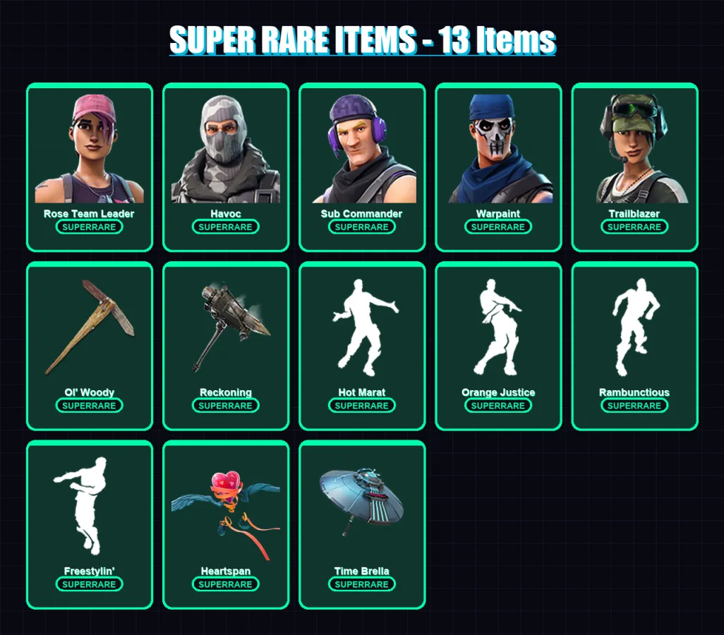 [PC/XBOX/PSN] | Rose Team Leader | Havoc | Sub Commander | Warpaint | Trailblazer | 123 skin | 147 pickaxe | 142 emote | 153 glider | Lv1989