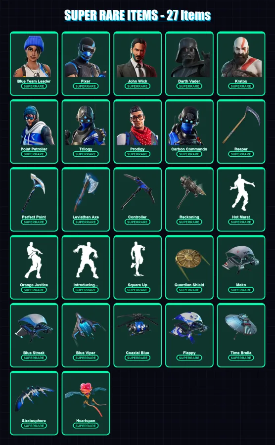 [PS4/PS5/XBOX/PC] | Blue Team Leader | Fixer | John Wick | Darth Vader | Kratos | 296 skin | 260 pickaxe | 221 emote | 226 glider | Lv3197