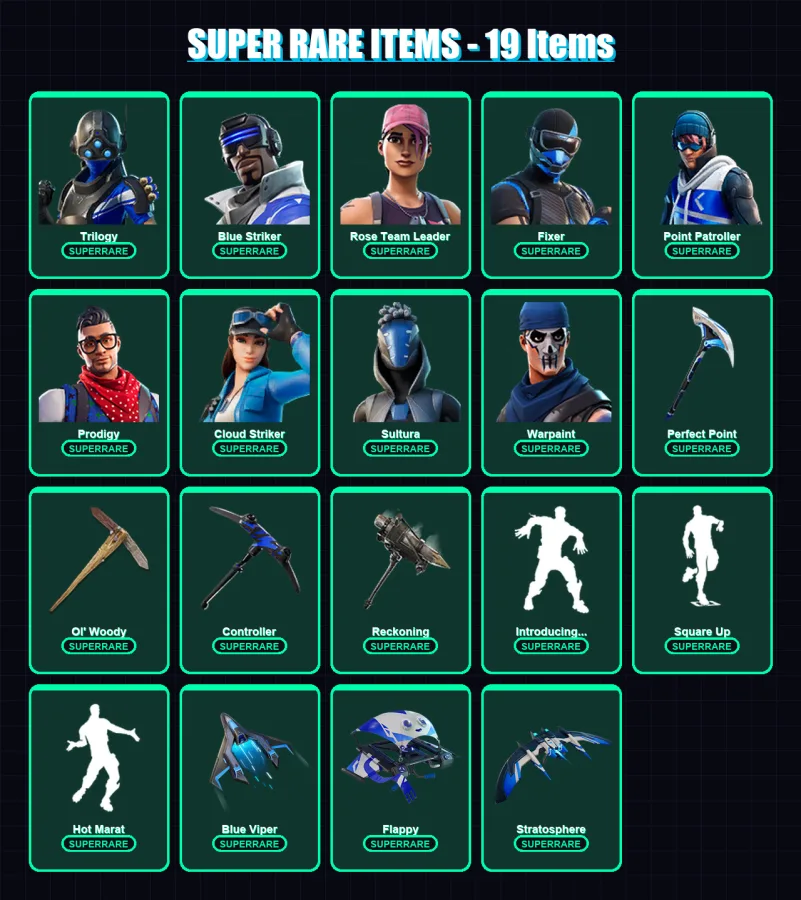[PC] | Trilogy | Blue Striker | Rose Team Leader | Fixer | Point Patroller | 57 skin | 61 pickaxe | 61 emote | 34 glider | Lv223