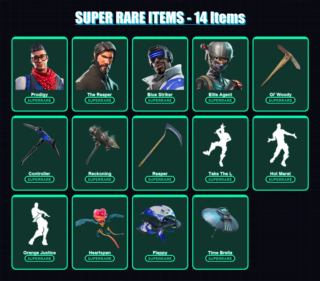 [PS4/PS5/XBOX/PC] | Prodigy | The Reaper | Blue Striker | Elite Agent | Frozen Love Ranger | 91 skin | 104 pickaxe | 98 emote | 100 glider | Lv1768