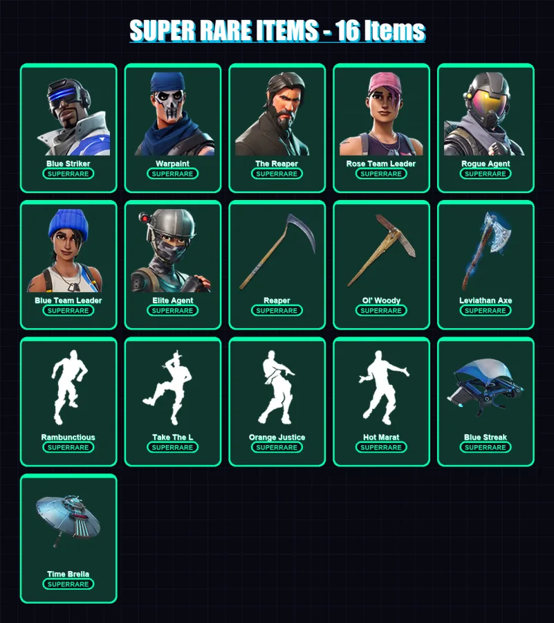 [PC] | Blue Striker | Warpaint | The Reaper | Rose Team Leader | Rogue Agent | 105 skin | 145 pickaxe | 104 emote | 117 glider | Lv2019
