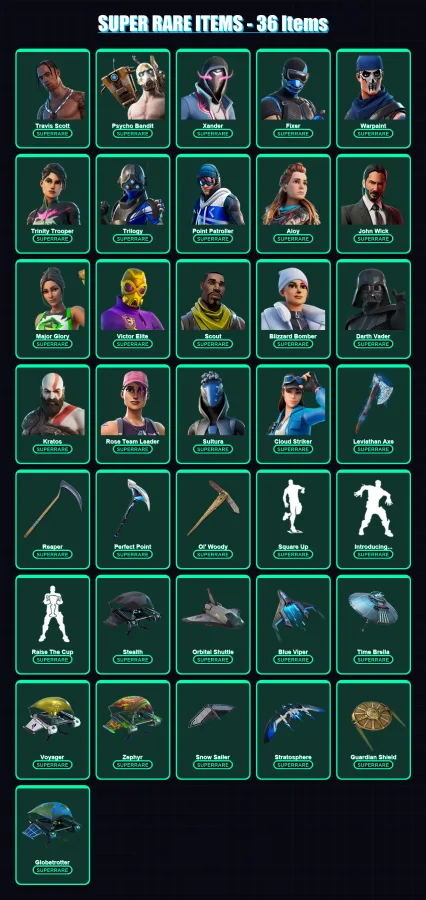 [PS4/PS5/XBOX/PC] | Travis Scott | Polo Prodigy | Psycho Bandit | Xander | Fixer | 1037 skin | 751 pickaxe | 582 emote | 389 glider | Lv3491