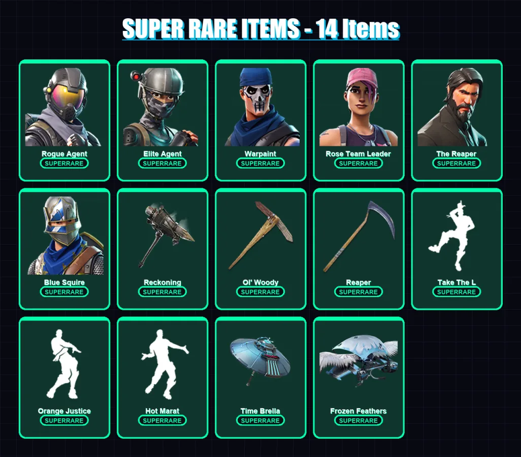 [PC/XBOX/PSN] | Rogue Agent | Elite Agent | Warpaint | Rose Team Leader | The Reaper | 241 skin | 206 pickaxe | 173 emote | 161 glider | Lv2423