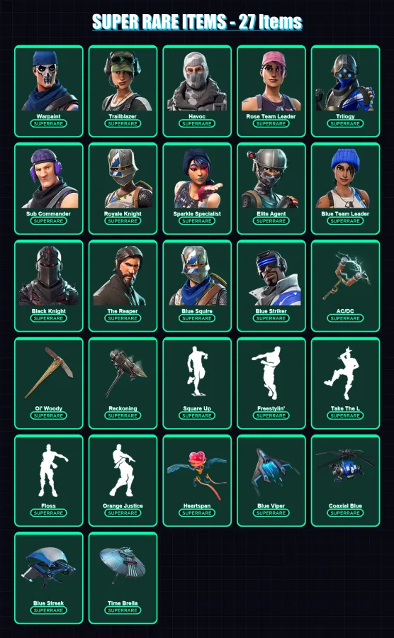 [PC/XBOX] | Warpaint | Trailblazer | Havoc | Rose Team Leader | Trilogy | 145 skin | 153 pickaxe | 119 emote | 135 glider | Lv1569