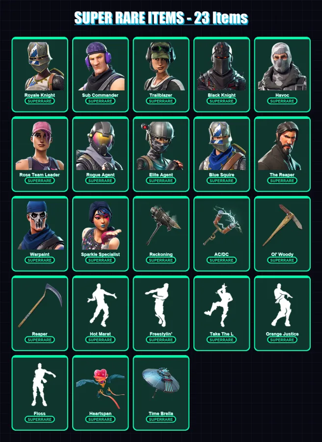 [PC/PSN] | Royale Knight | Sub Commander | Trailblazer | Black Knight | Havoc | 69 skin | 52 pickaxe | 68 emote | 52 glider | Lv647