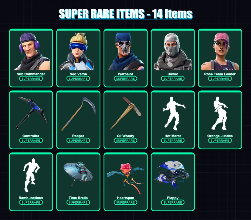 [PS4/PS5/XBOX/PC] | Sub Commander | Neo Versa | Warpaint | Havoc | Rose Team Leader | 85 skin | 132 pickaxe | 154 emote | 122 glider | Lv1992
