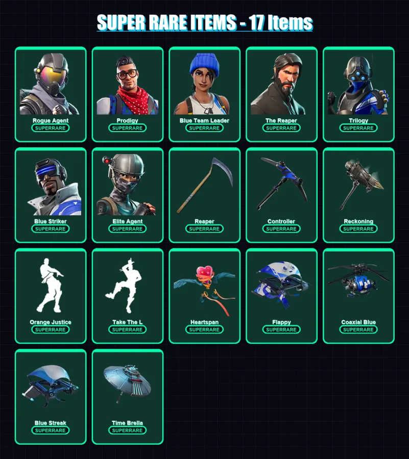 [PS4/PS5/XBOX/PC] | Rogue Agent | Prodigy | Blue Team Leader | The Reaper | Trilogy | 62 skin | 54 pickaxe | 63 emote | 66 glider | Lv1055