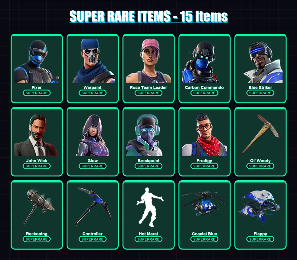 [PS4/PS5/XBOX/PC] | Fixer | Warpaint | Rose Team Leader | Carbon Commando | Blue Striker | 115 skin | 65 pickaxe | 63 emote | 59 glider | Lv675